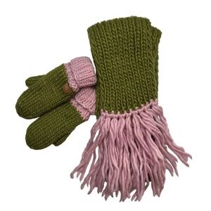 NEW NWT Coal Headwear  UK Mitten & Scarf Set Grass Green Pink Fringe Wool Blend